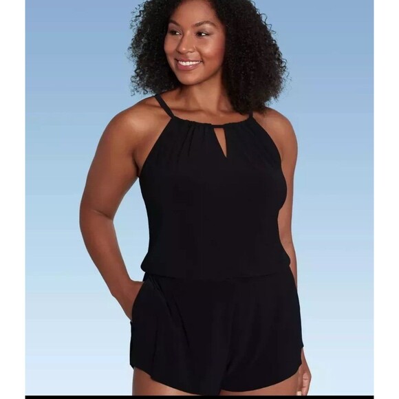 NWT Aqua Green Black High Neck Swim Romper with pockets size 22 - Picture 1 of 3